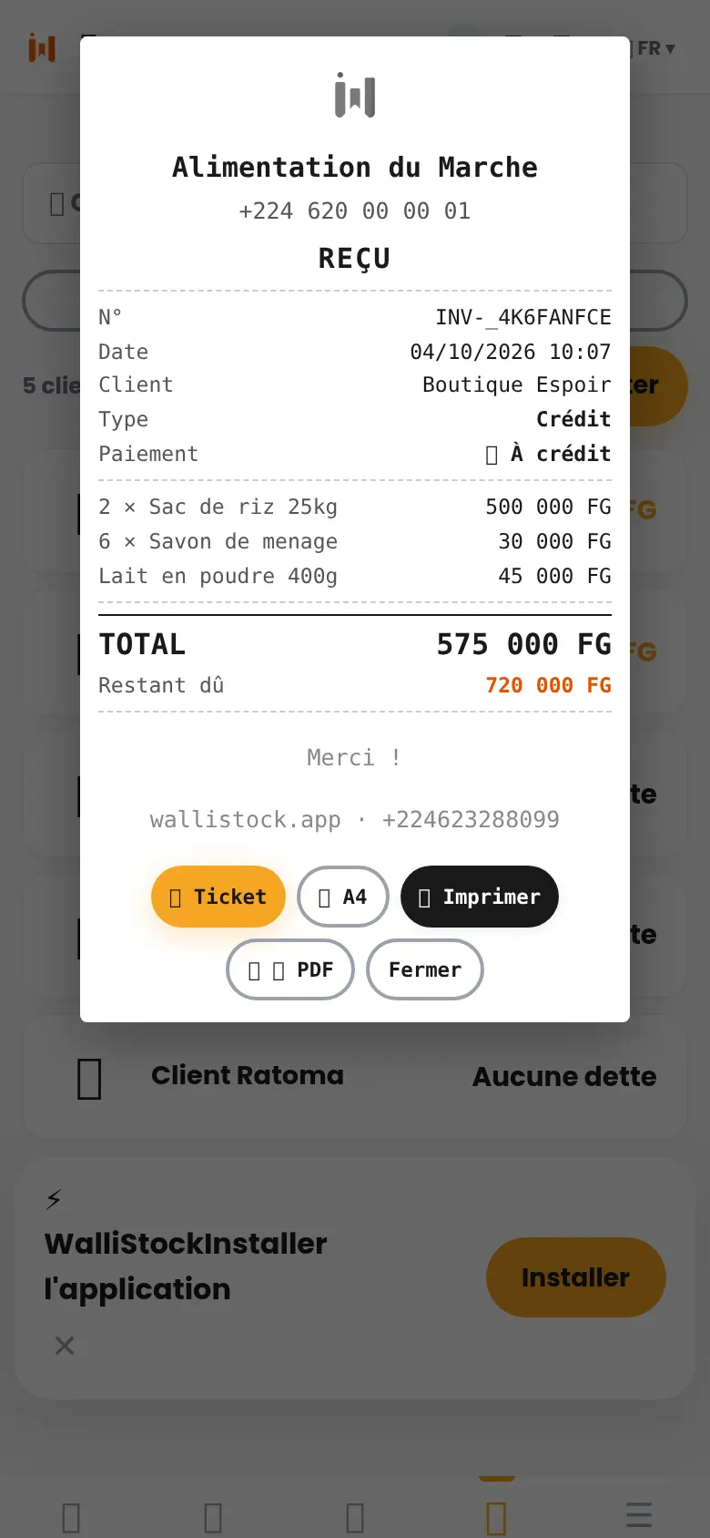 Reçu d'une vente